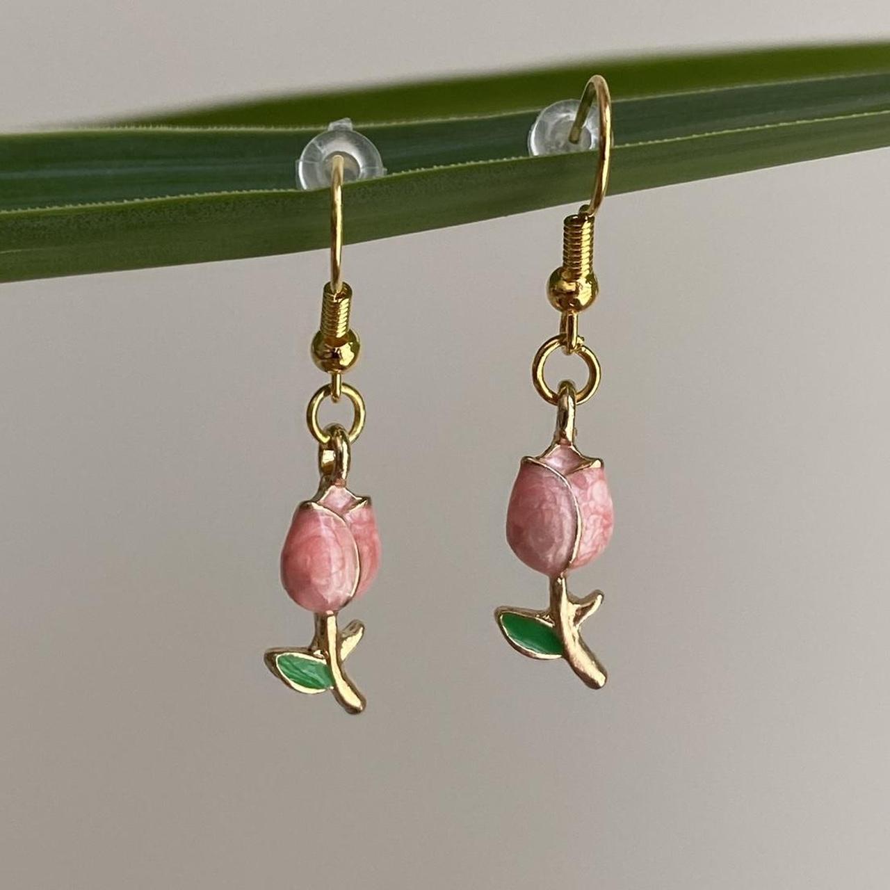 Pink Rose Dangle Earrings With Gold Accents Hand