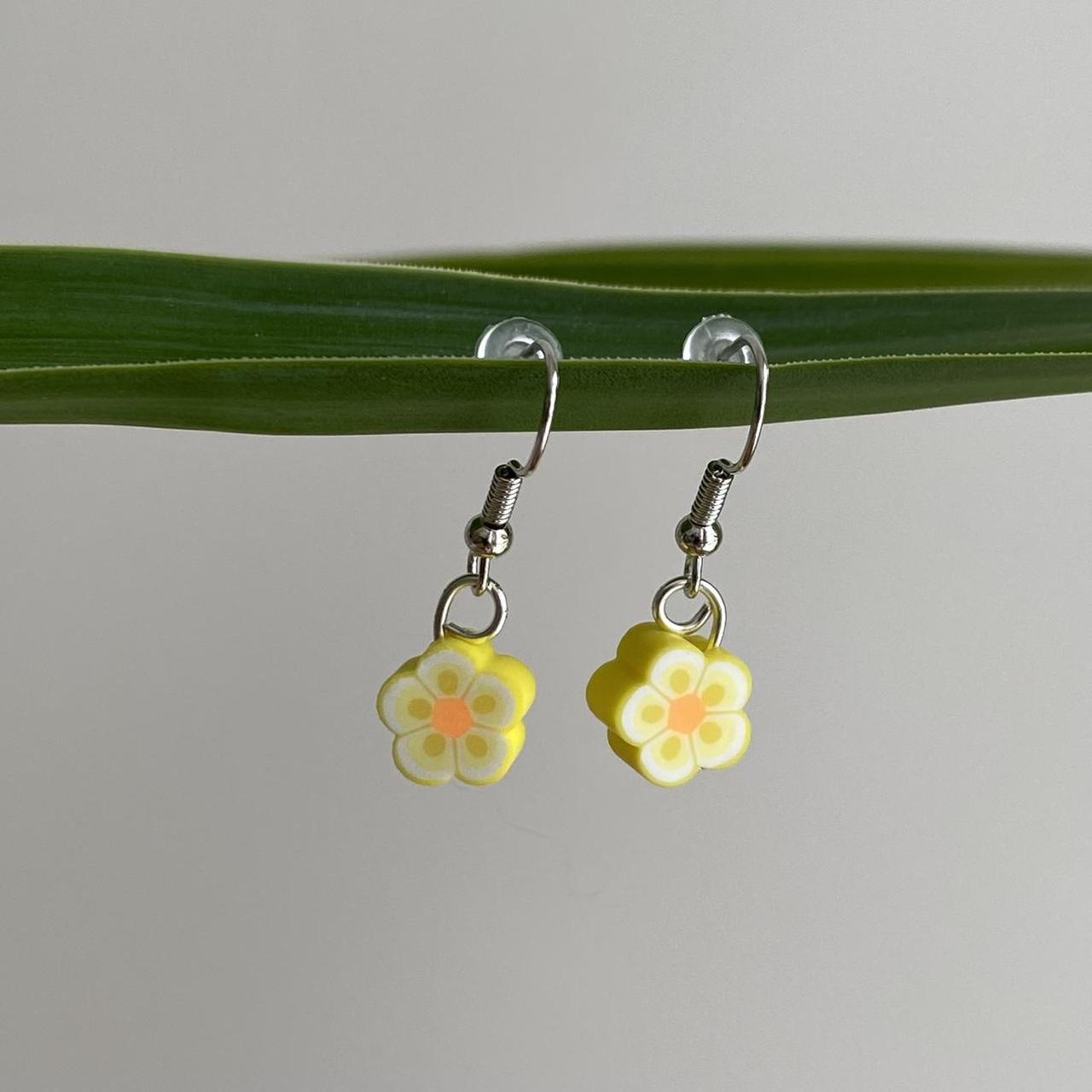 Yellow Tropical Flower Polymer Clay Dangle Earrings - Image 3