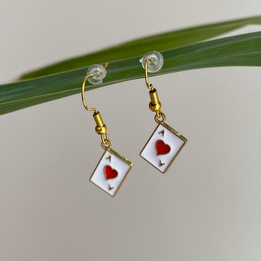 Ace Of Hearts Poker Card Dangle Earrings With Gold - Image 2