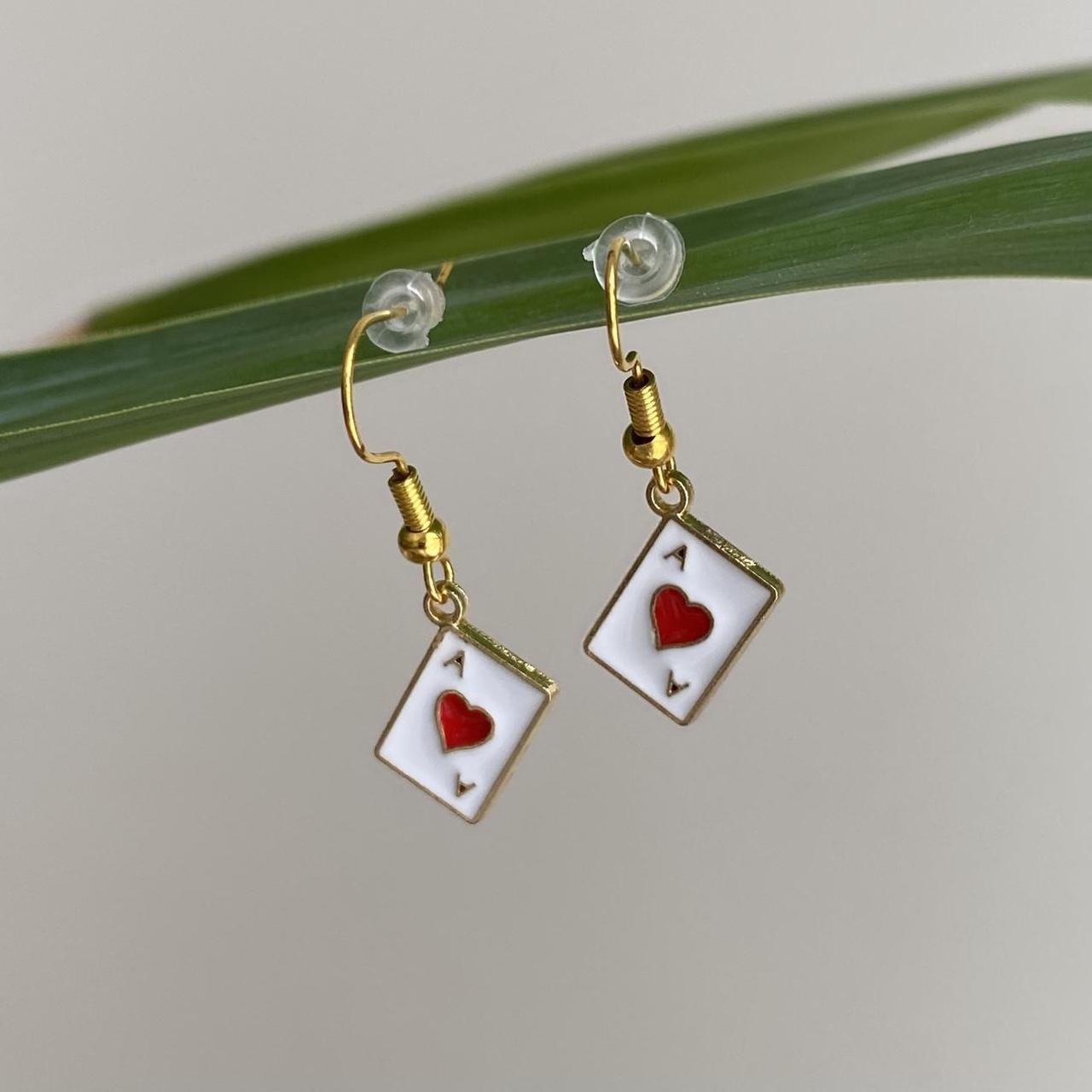 Ace Of Hearts Poker Card Dangle Earrings With Gold - Image 2