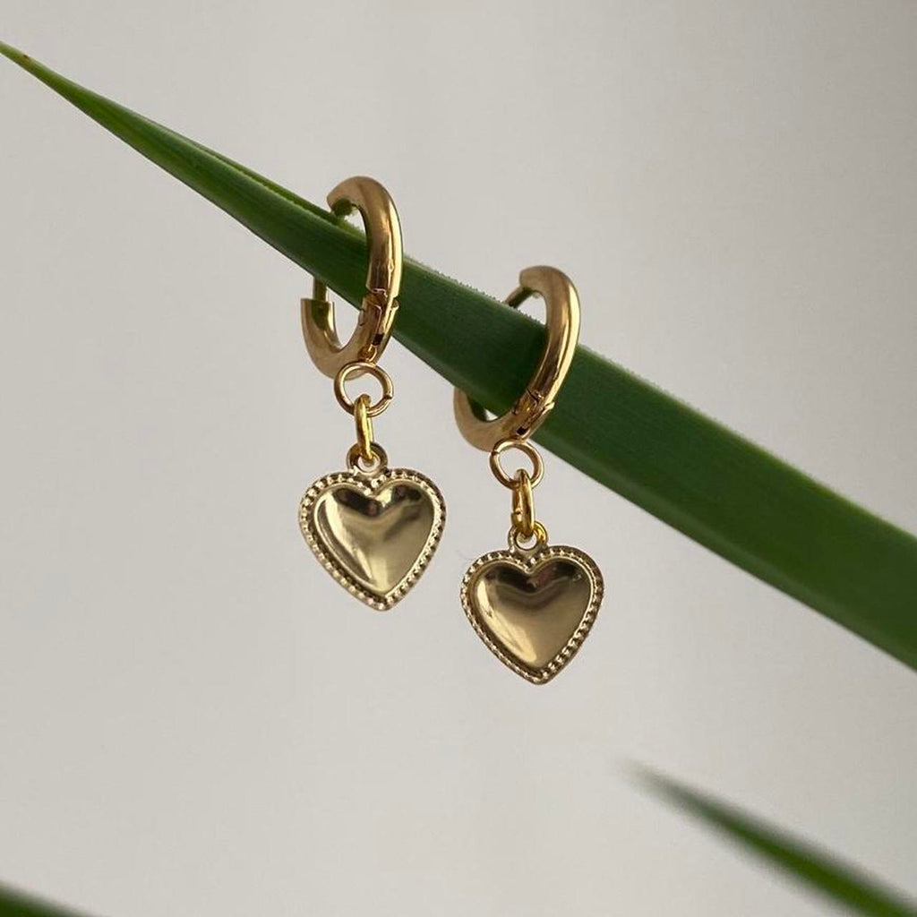 Petite Gold Heart Dangle Hoop Earrings Also