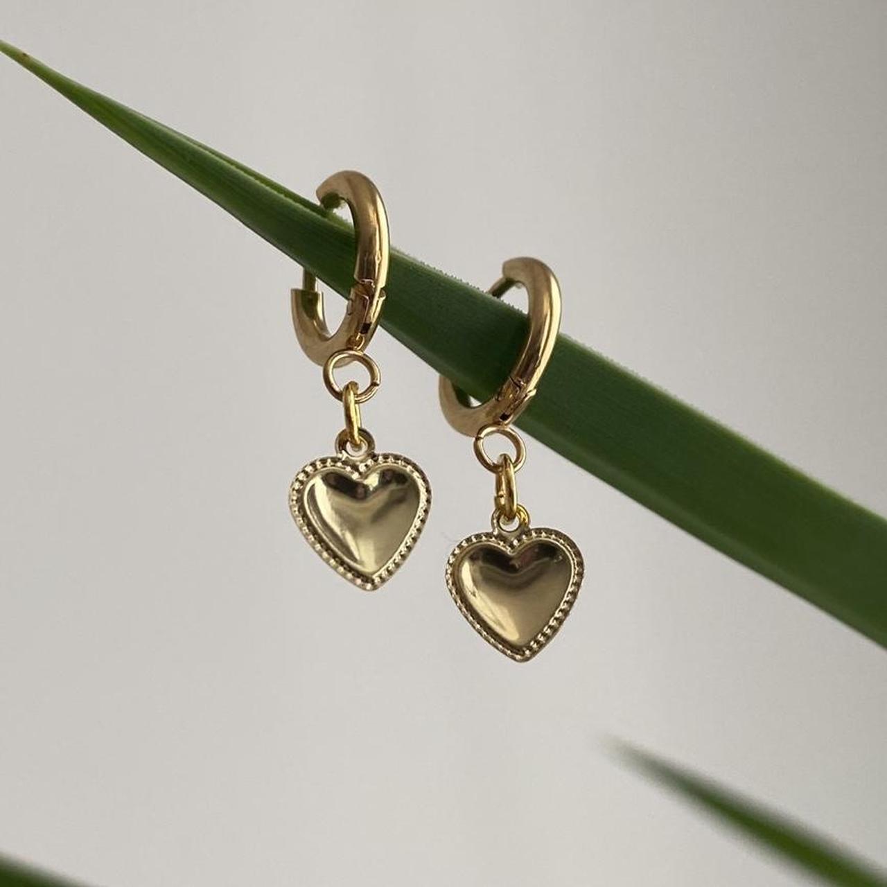 Petite Gold Heart Dangle Hoop Earrings Also
