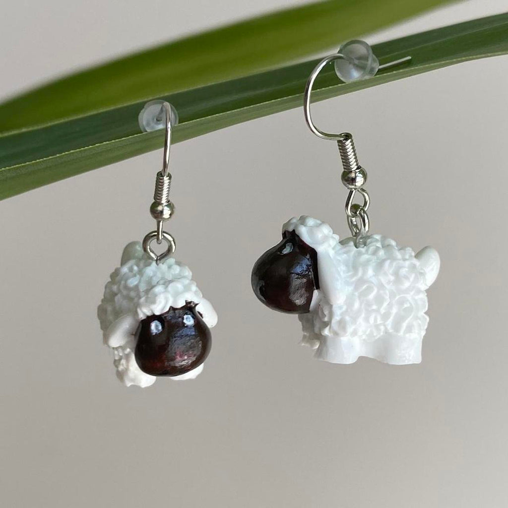 White Lamb Sheep Dangle Earrings With Silver