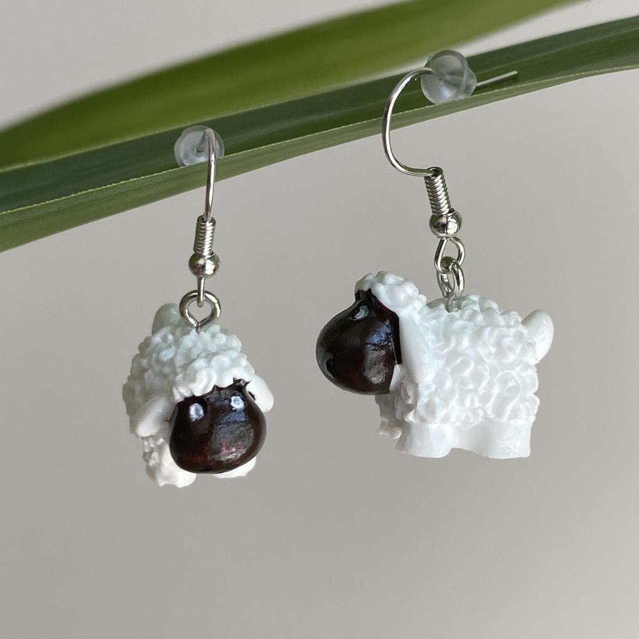 White Lamb Sheep Dangle Earrings With Silver