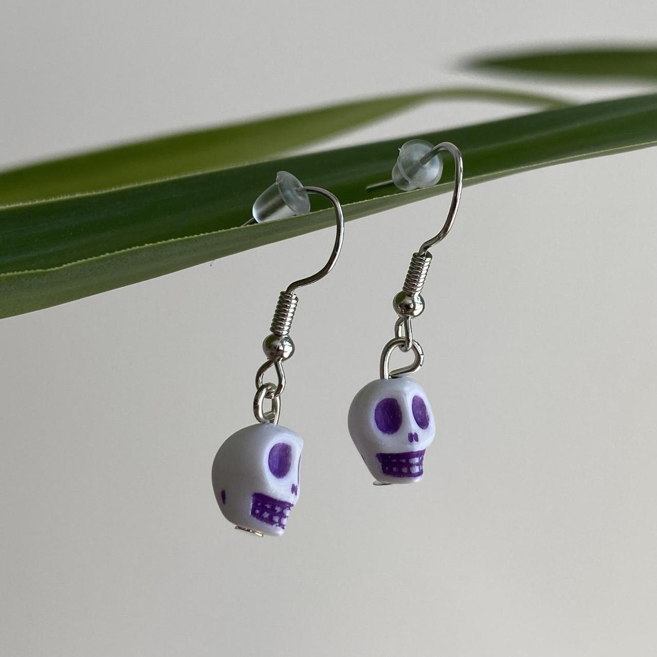 Cinco De Mayo White And Purple Skull Dangle Earrings - Image 2