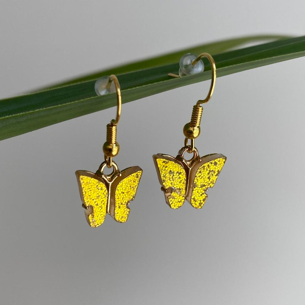 Yellow Sparkle Butterfly Dangle Earrings With Gold - Image 3