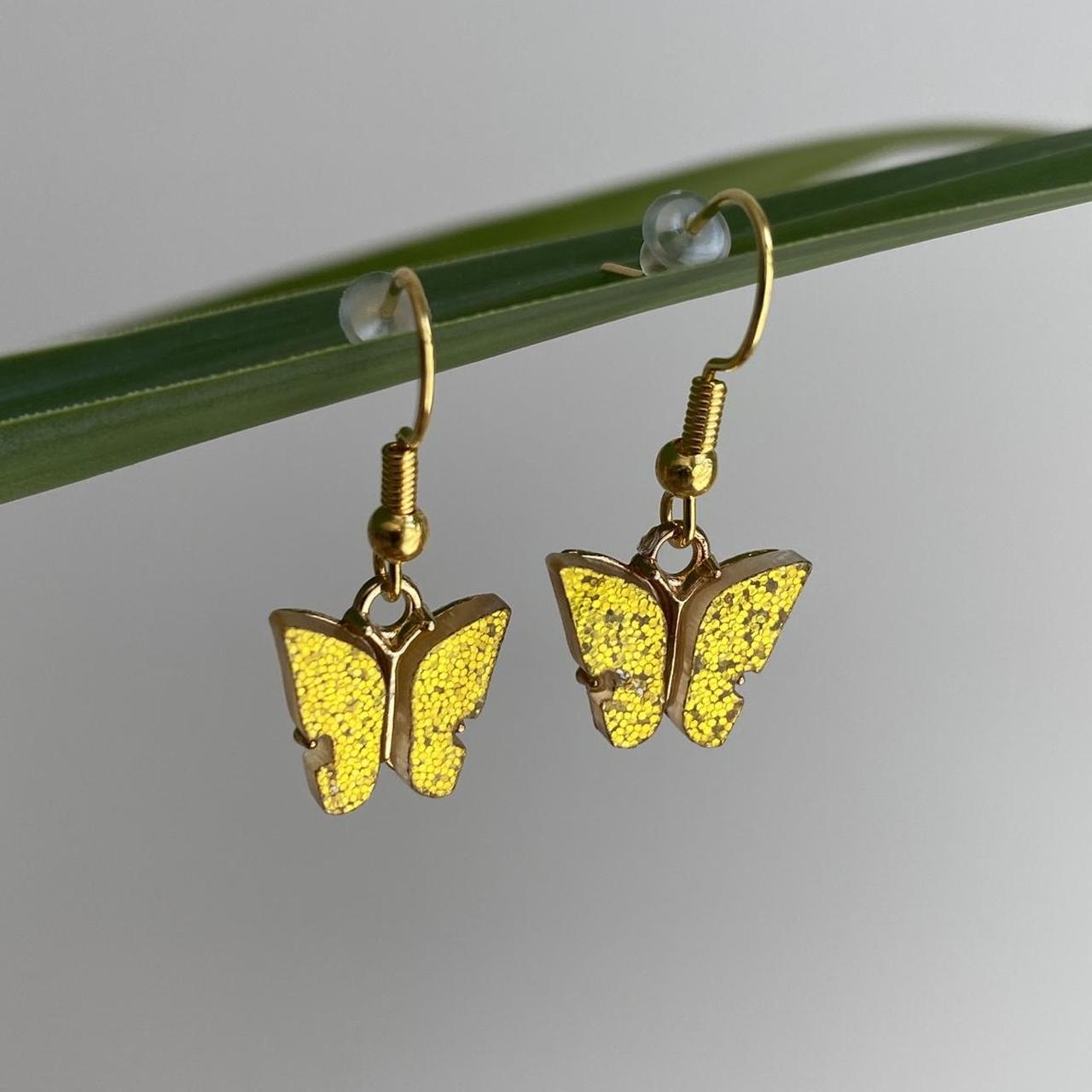Yellow Sparkle Butterfly Dangle Earrings With Gold - Image 3