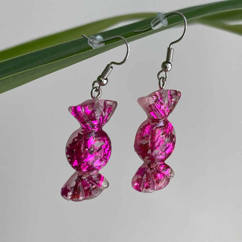 Sparkly Resin Dark Pink Candy Dangle Earrings With - Image 4