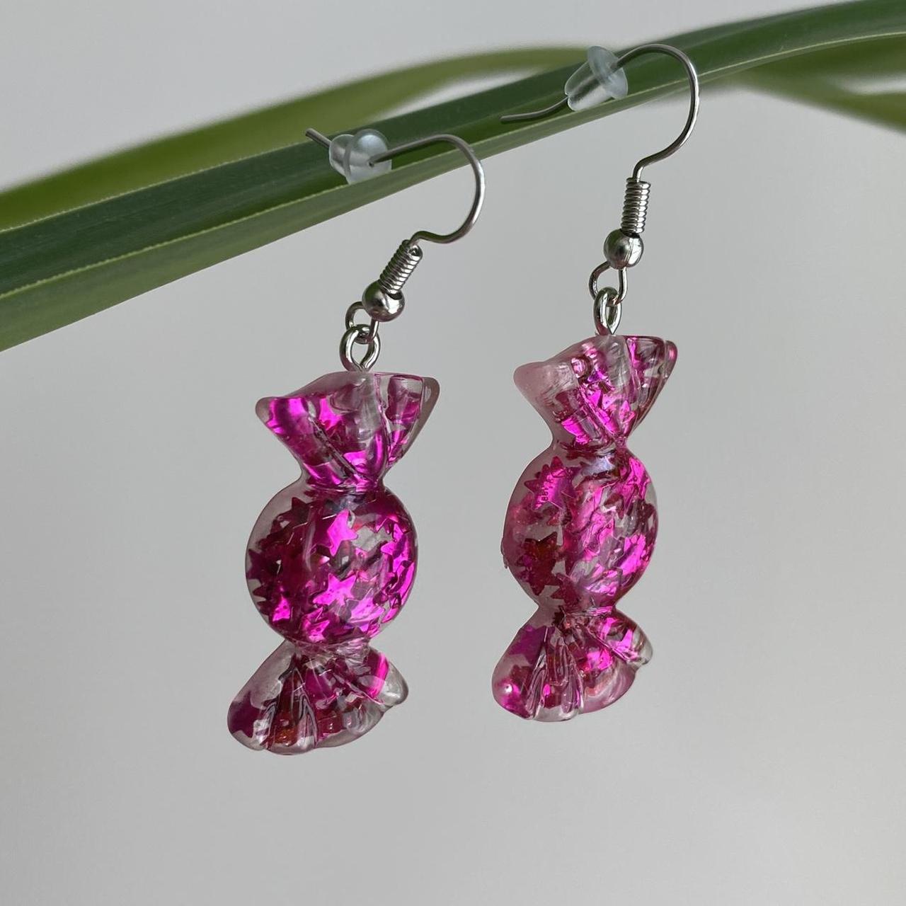 Sparkly Resin Dark Pink Candy Dangle Earrings With - Image 4