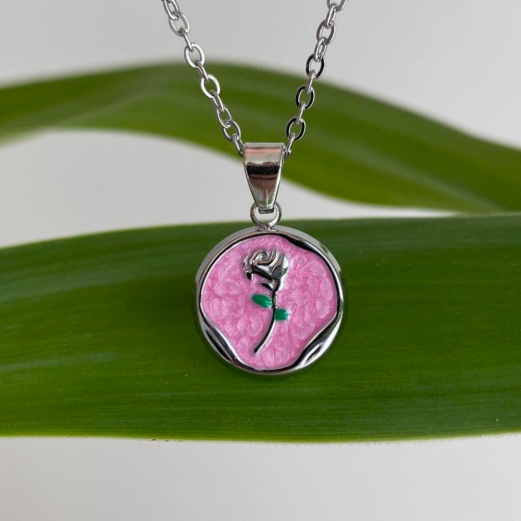 Pink Enamel Rose In Circle Pendant Chain Necklace