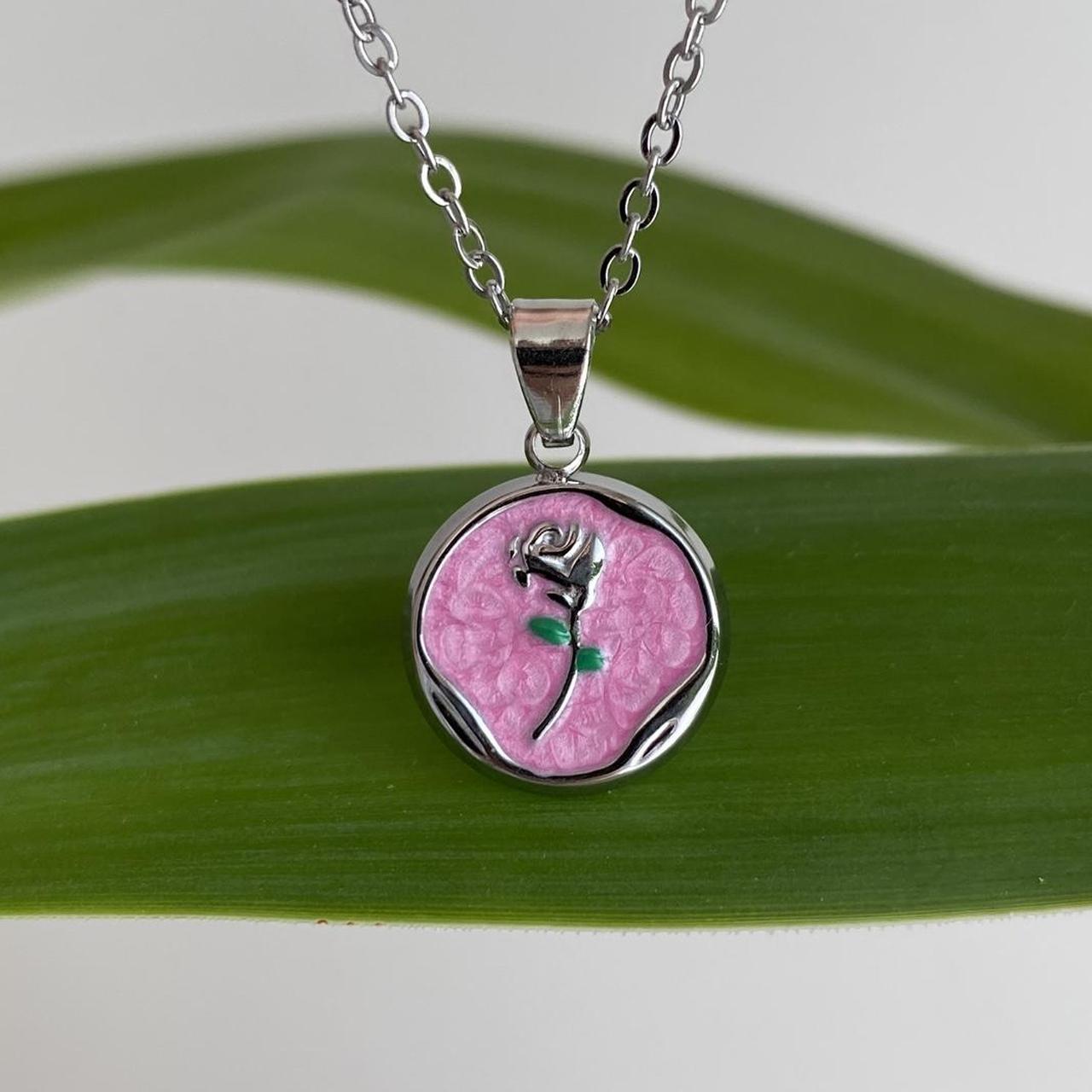 Pink Enamel Rose In Circle Pendant Chain Necklace