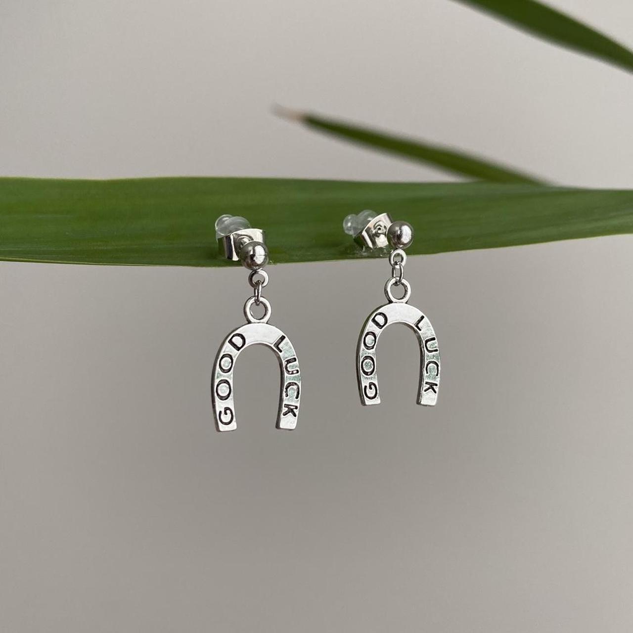 Western Good Luck Horse Shoe Silver Dangle Stud - Image 3