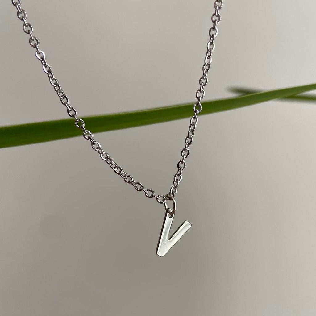 Silver Letter V Initial Pendant Chain Necklace