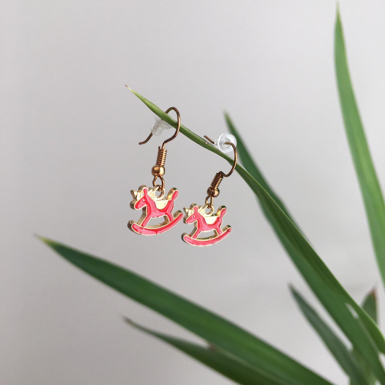 Red Unicorn Rocking Horse Drop Dangle Earrings With - Image 4