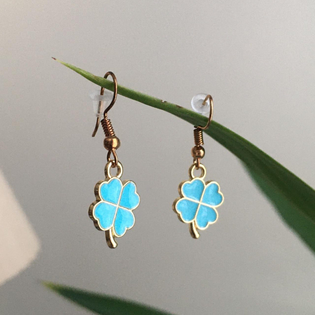 Blue Turquoise Four Leaf Clover Drop Dangle