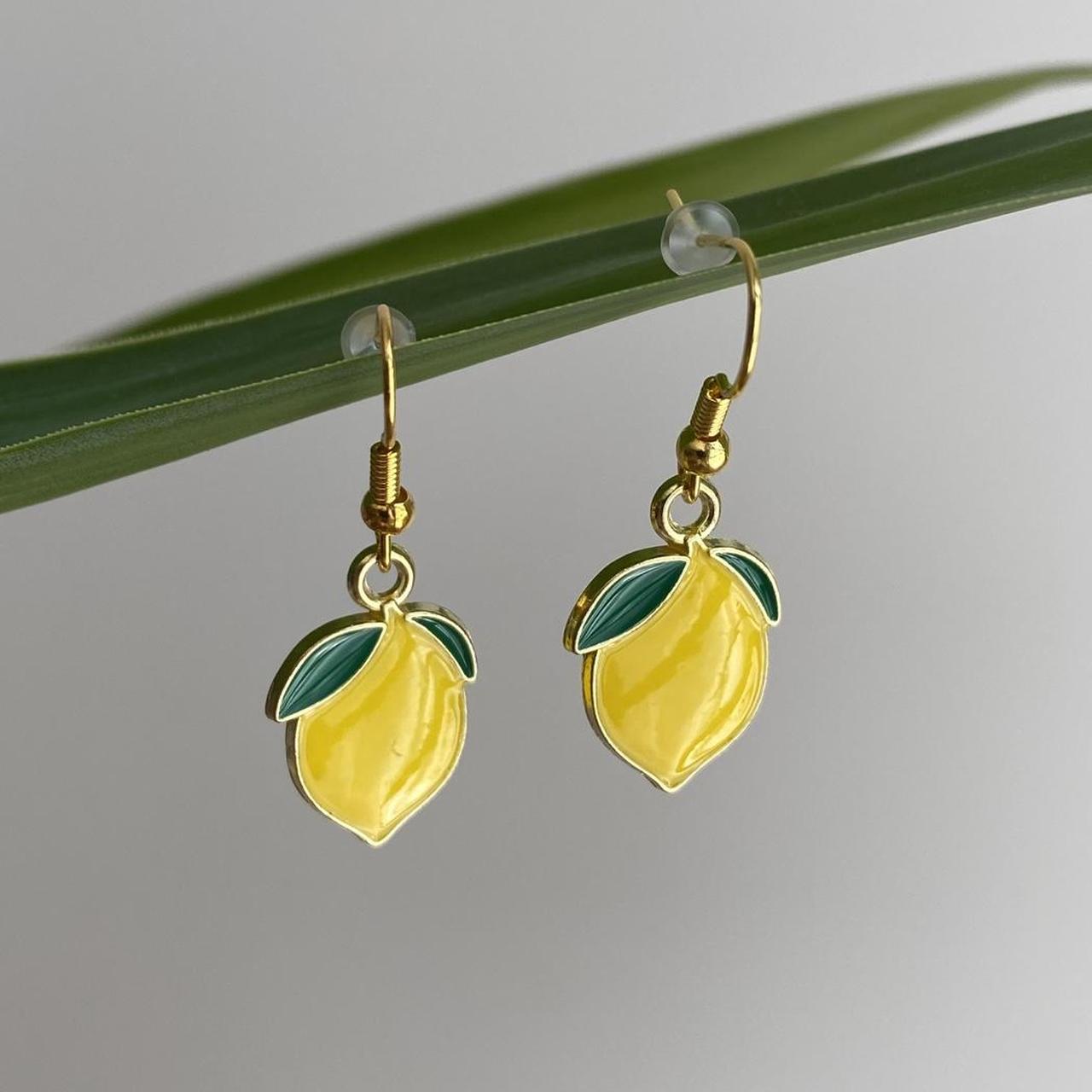 Yellow Lemon Dangle Earrings With Silver Accents And