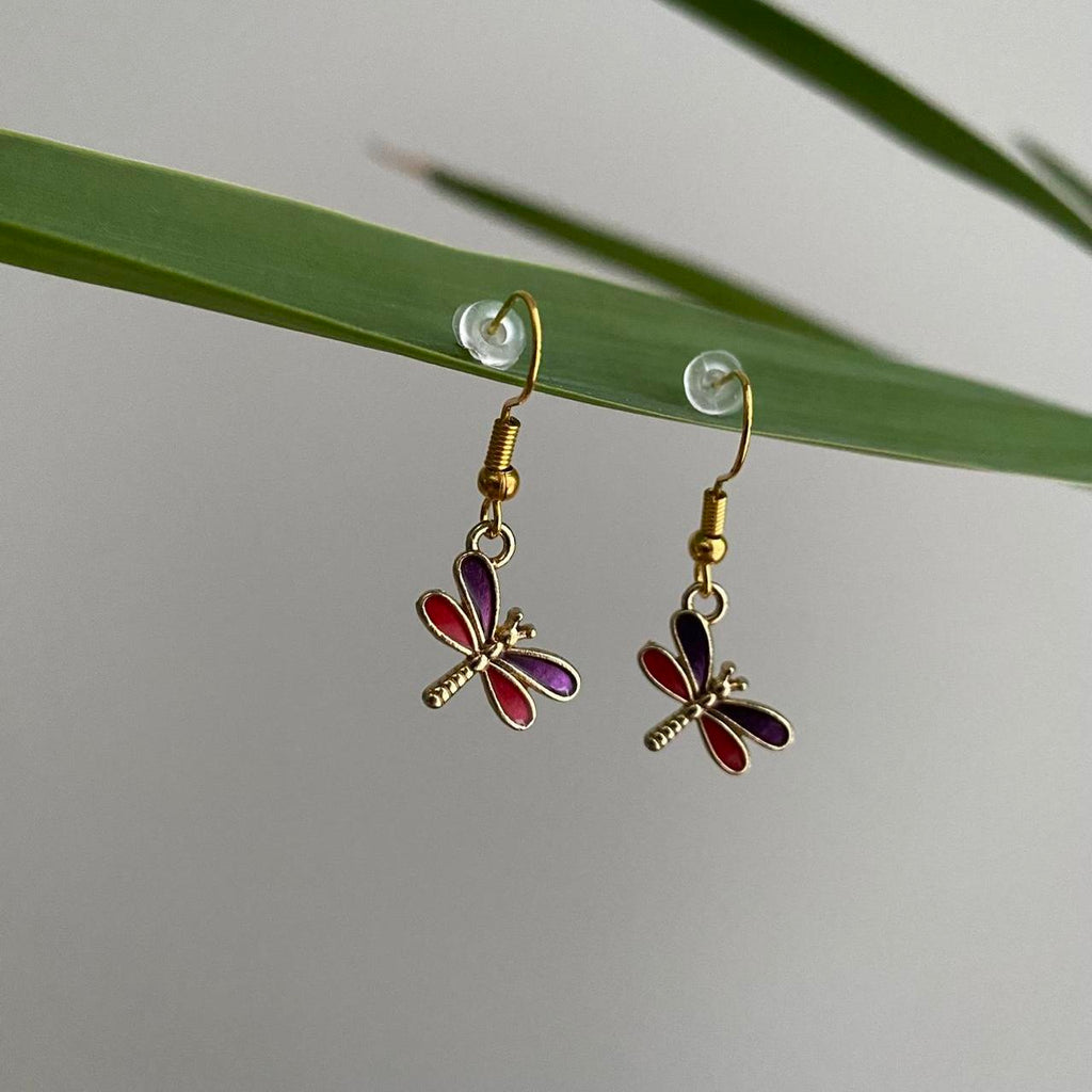 Pink And Purple Dragon Fly Dangle Earrings With Gold - Image 4