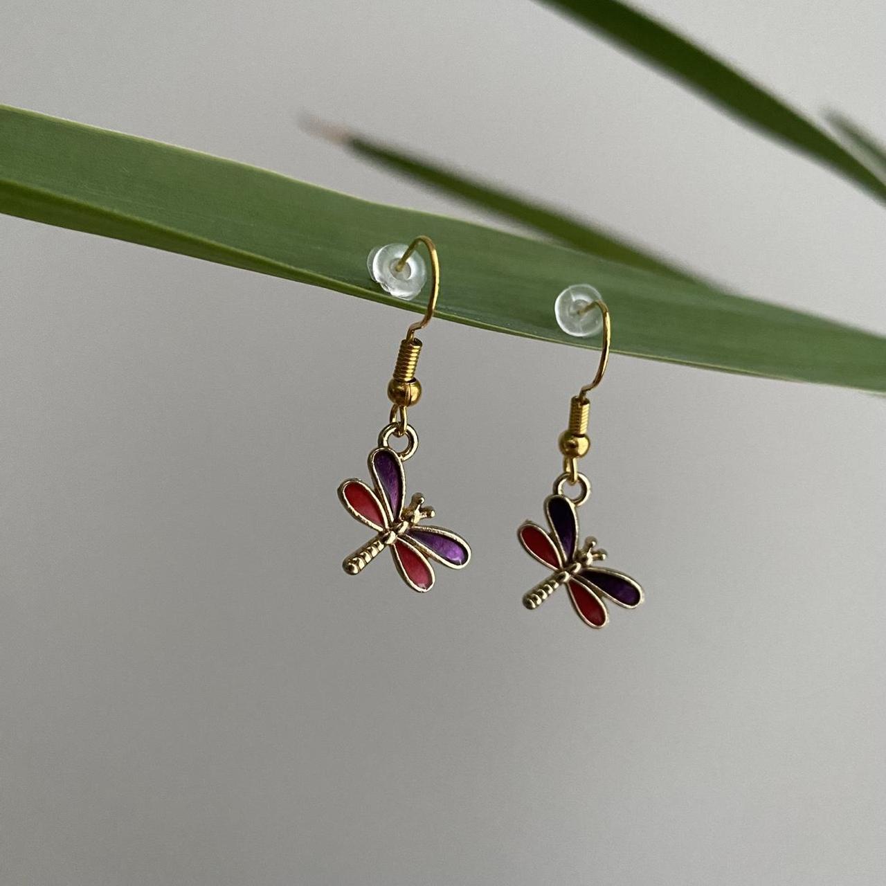 Pink And Purple Dragon Fly Dangle Earrings With Gold - Image 4