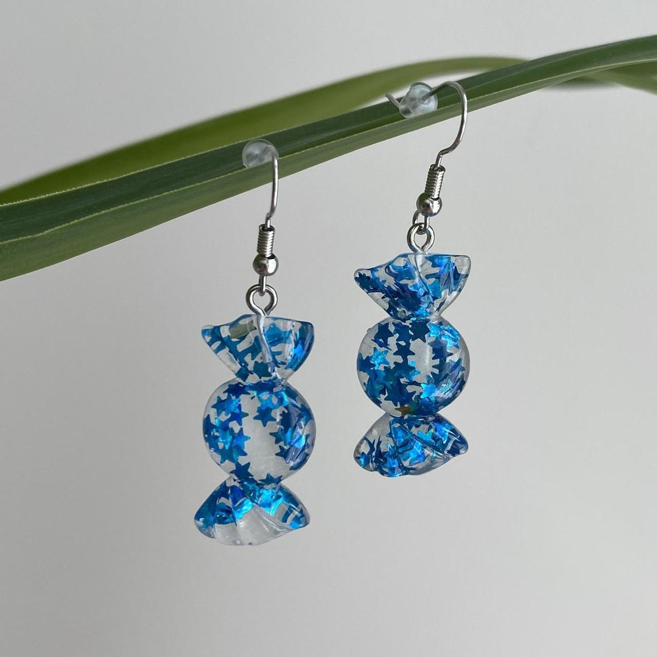 Sparkly Resin Blue Candy Dangle Earrings With Silver