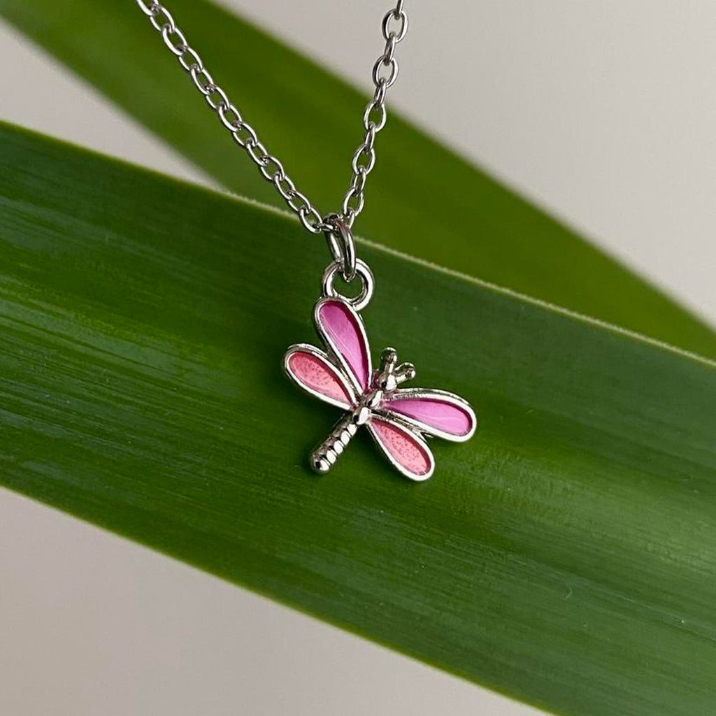 Pink Enamel Dragonfly Pendant Chain Necklace With
