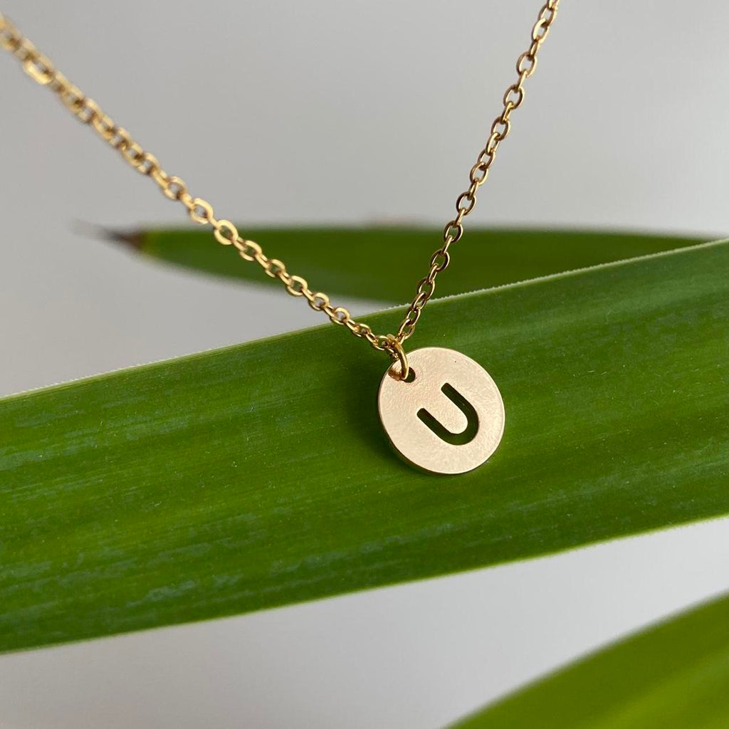 Circle Stamped Gold Letter U Initial Pendant Chain