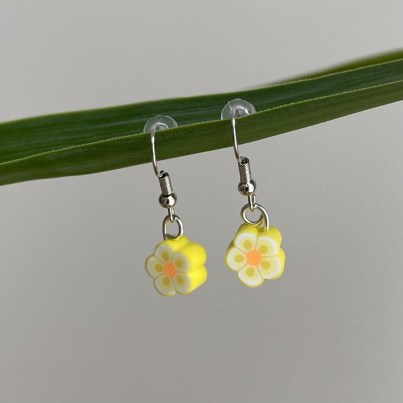 Yellow Tropical Flower Polymer Clay Dangle Earrings - Image 2