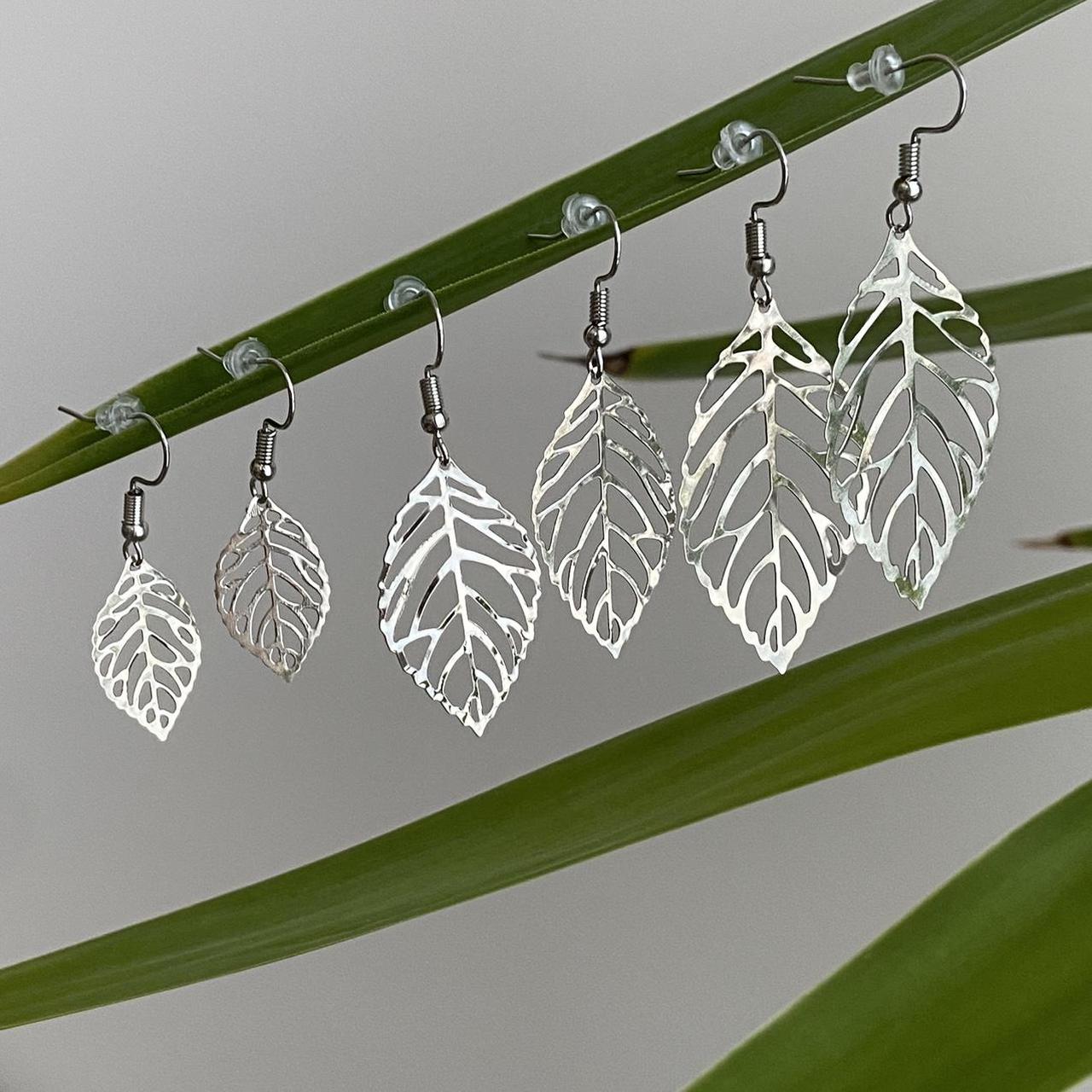 Large Silver Leaf Dangle Earrings 3 Sizes - Image 5