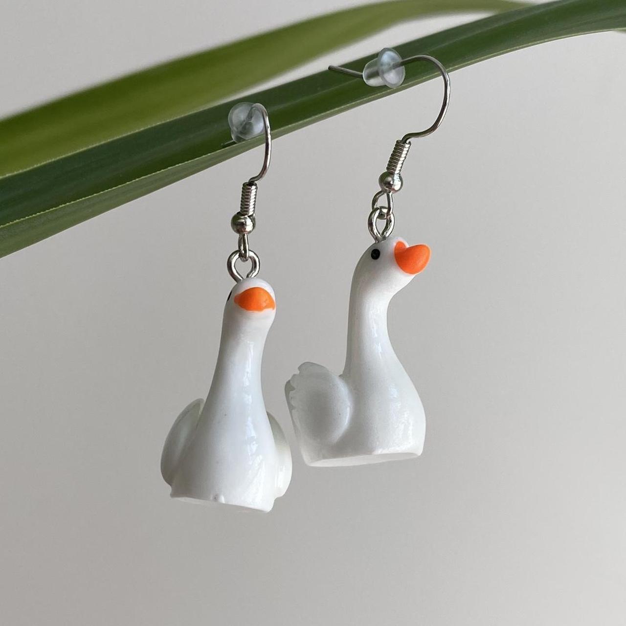 White Goose Dangle Earrings With Silver Accents - Image 6