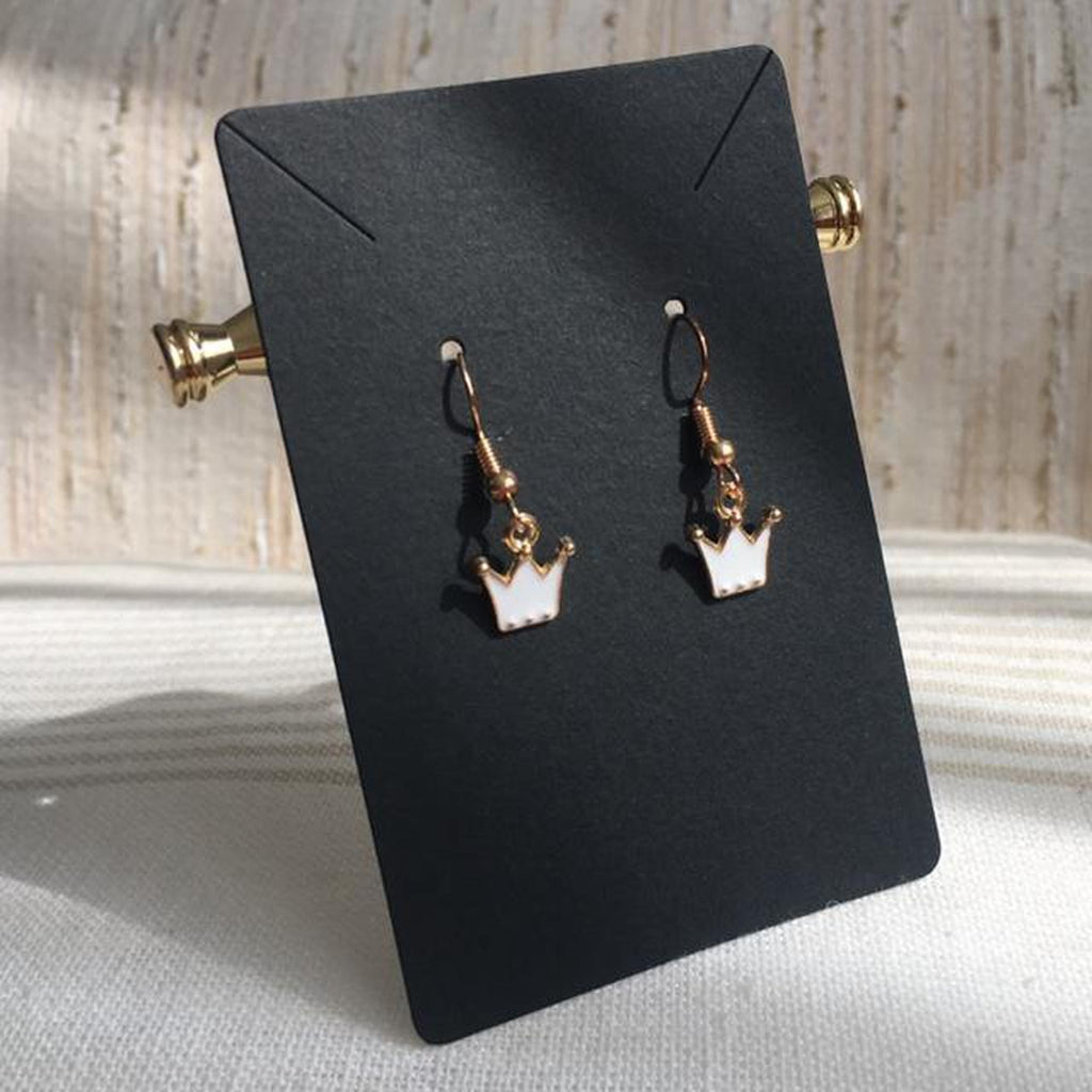 White Royal Crown Dangle Earrings With Gold Accents - Image 2