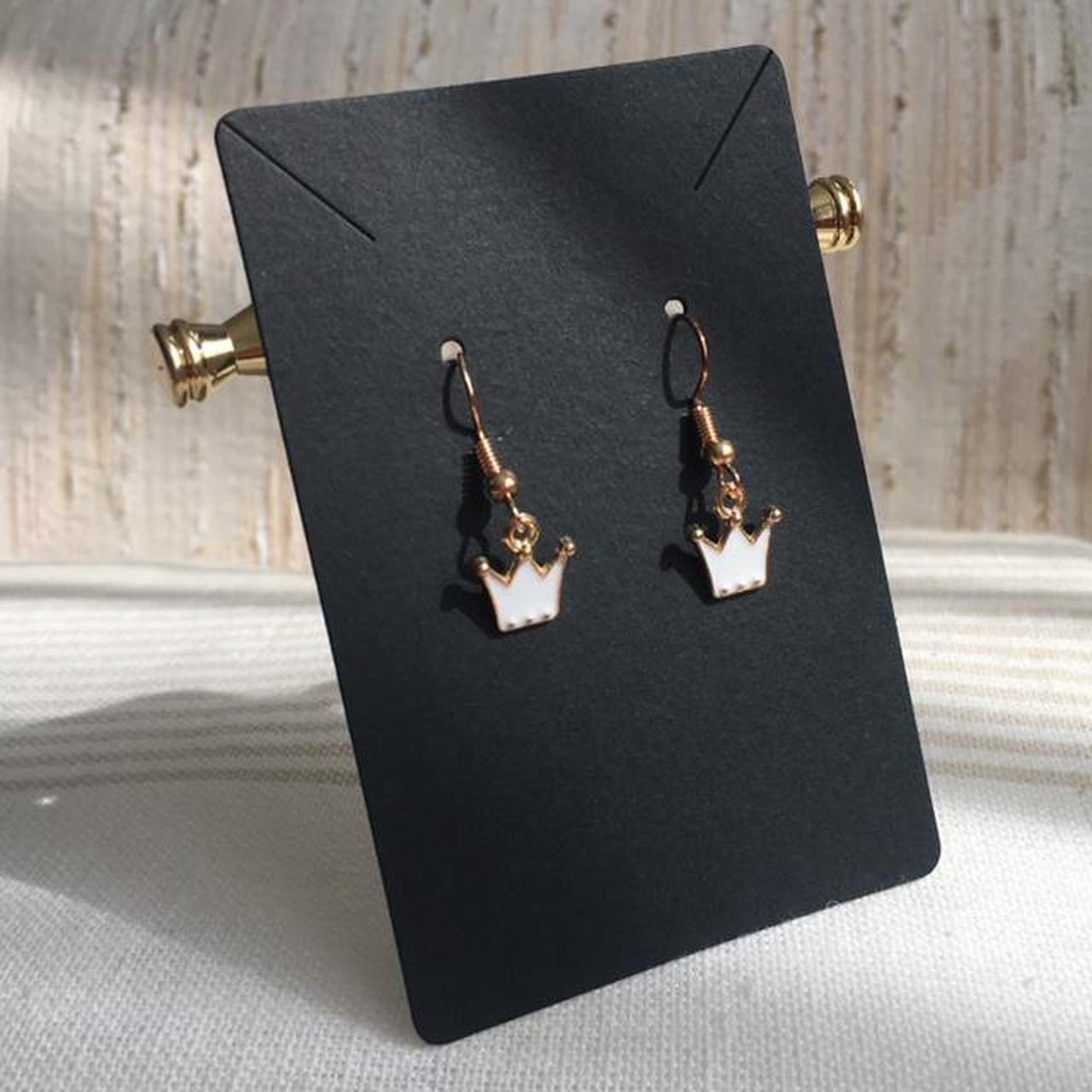 White Royal Crown Dangle Earrings With Gold Accents - Image 2