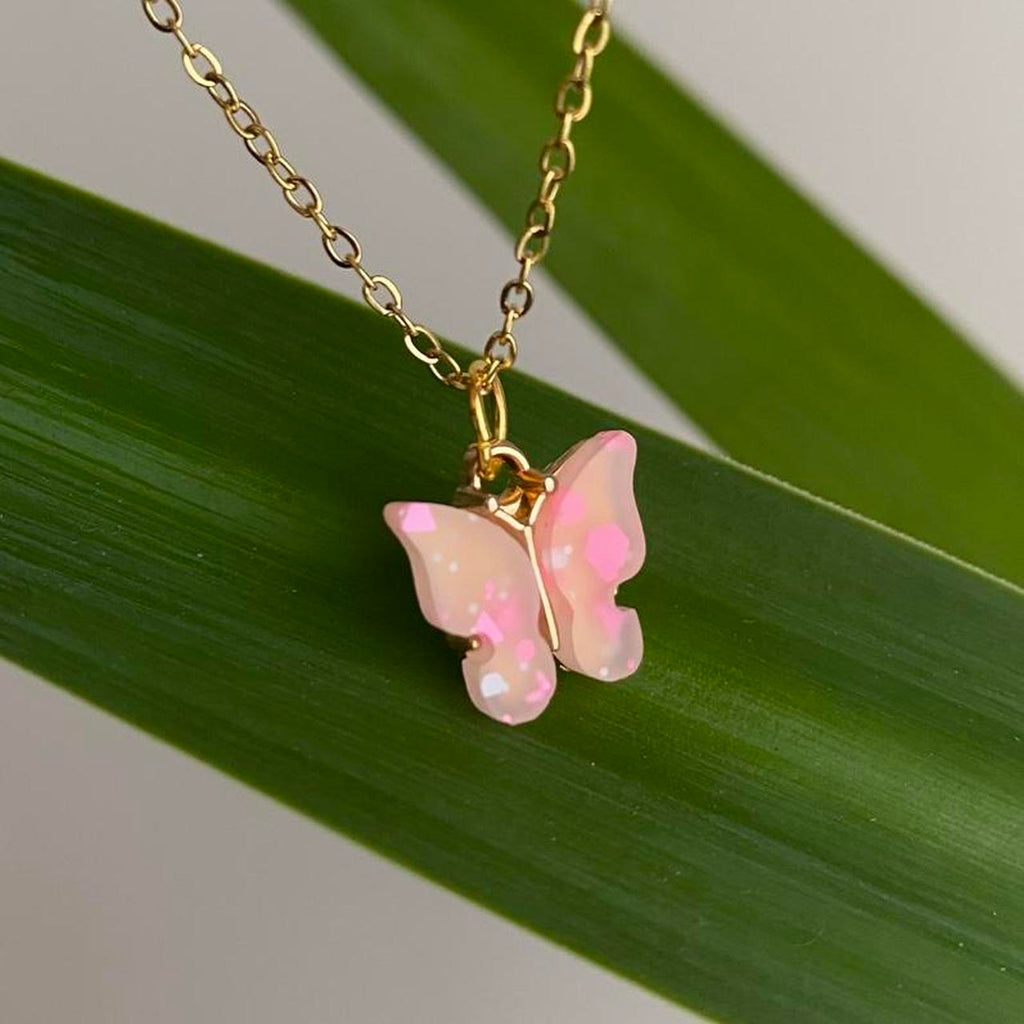 Pink And White Speckled Butterfly Pendant Chain