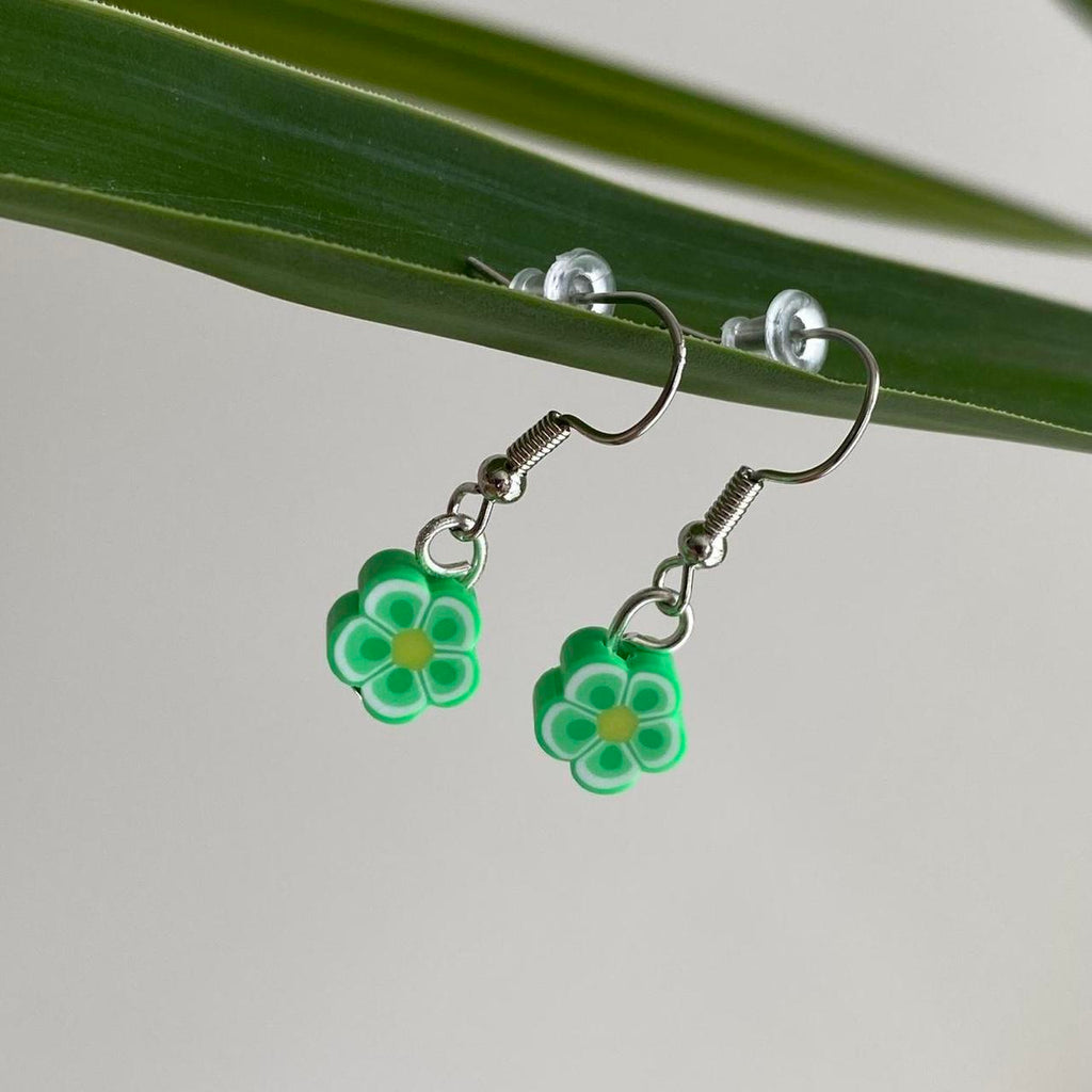 Green Tropical Flower Polymer Clay Dangle Earrings - Image 3