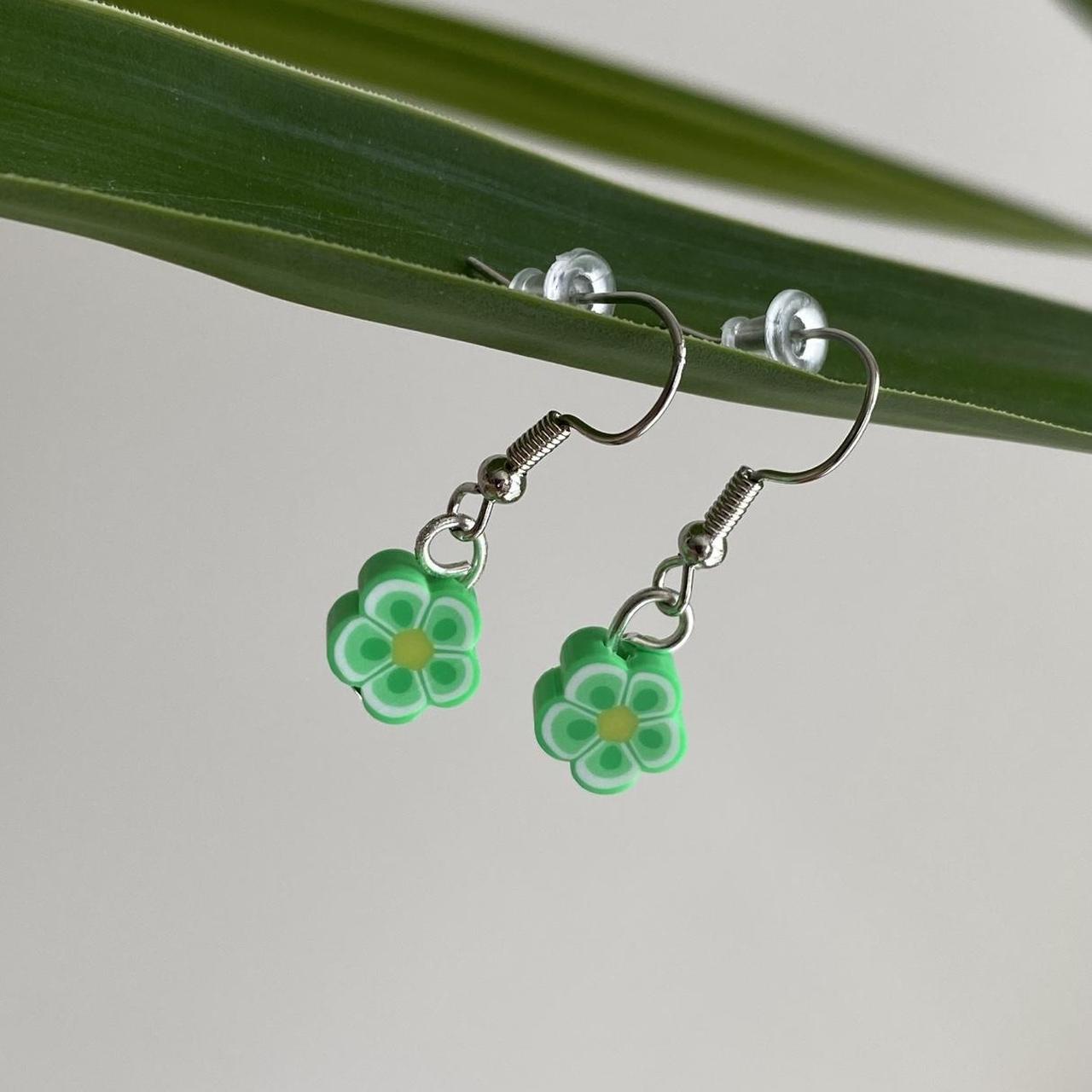 Green Tropical Flower Polymer Clay Dangle Earrings - Image 3