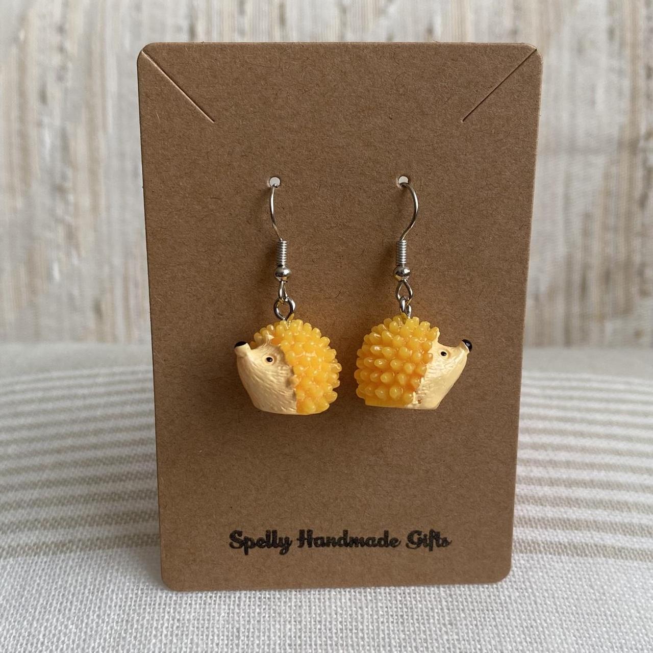 Yellow Hedgehog Dangle Earrings With Silver Accents - Image 4