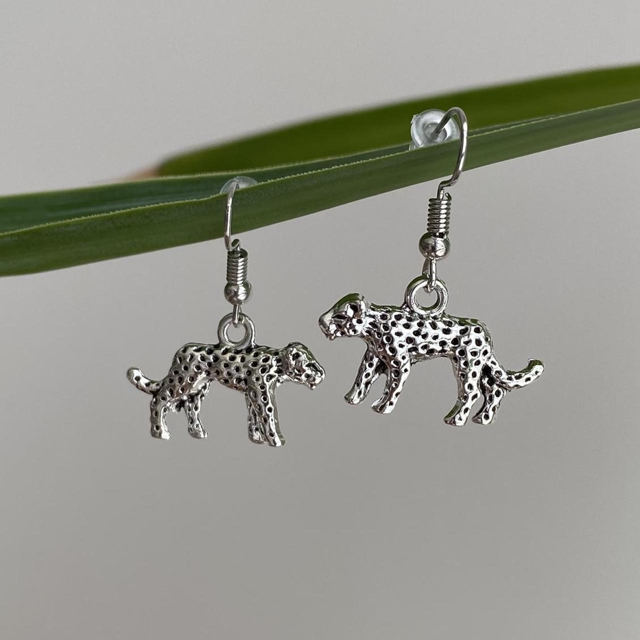 Silver Leopard Dangle Earrings Hand Made Pendant - Image 2
