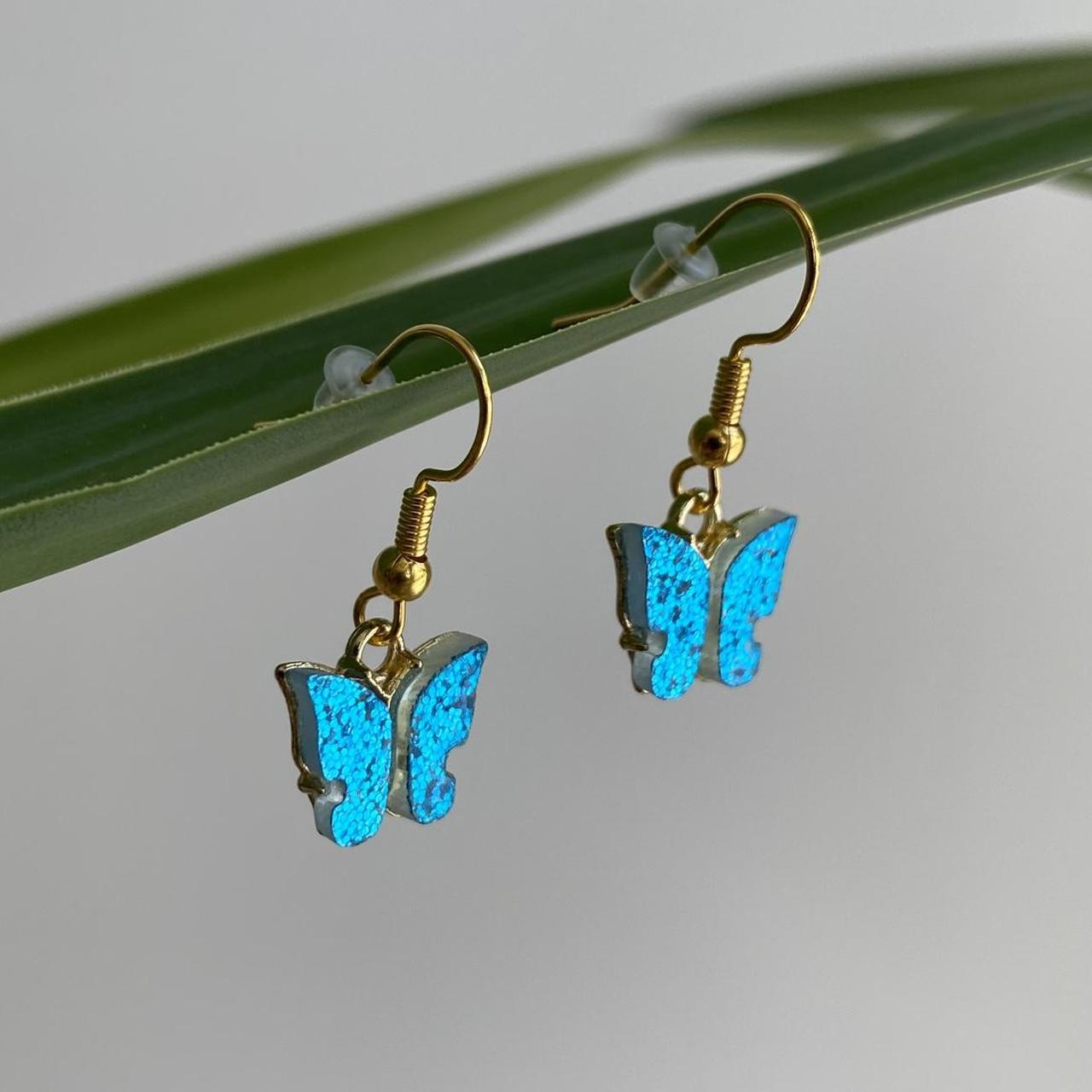 Blue Sparkle Butterfly Dangle Earrings With Gold - Image 4