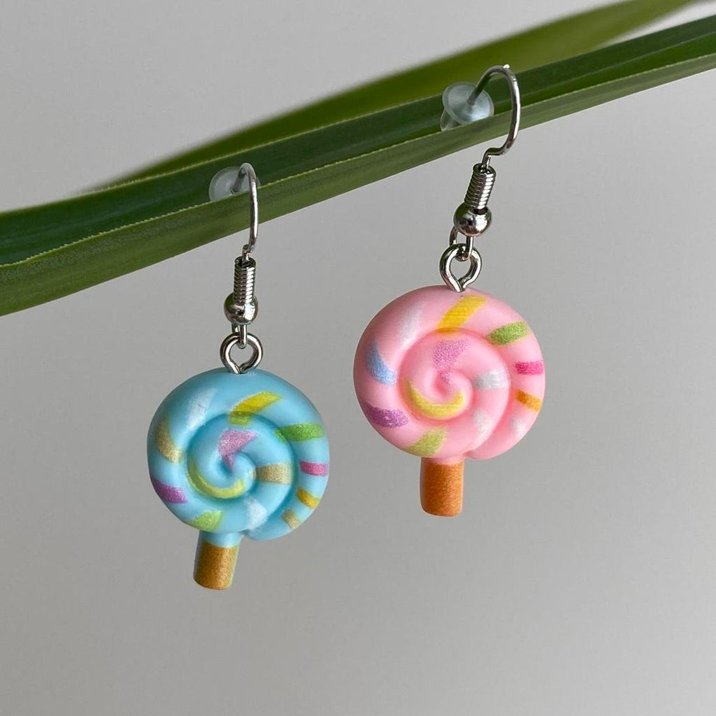 Blue And Pink Swirly Lollipop Dangle Earrings With