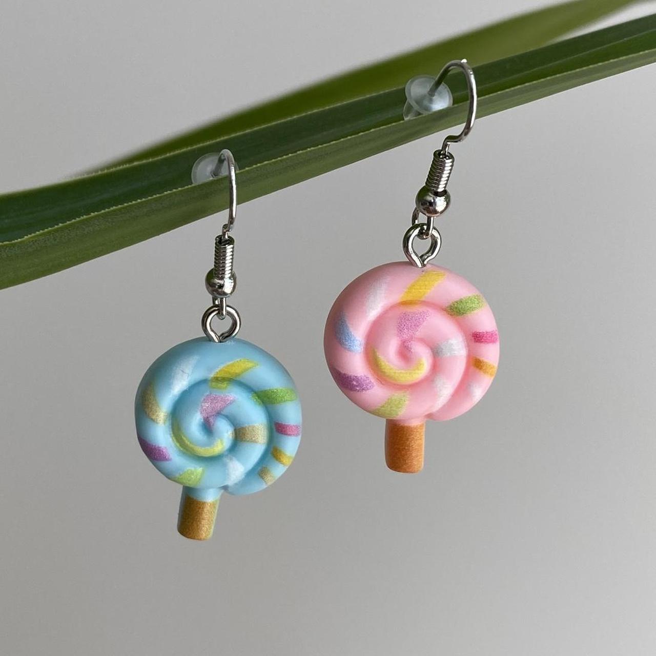 Blue And Pink Swirly Lollipop Dangle Earrings With