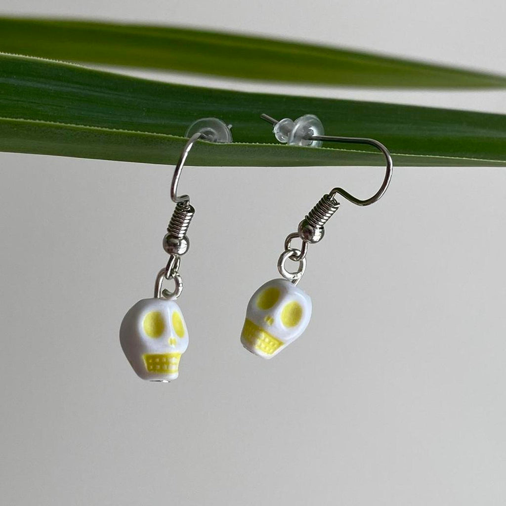 Cinco De Mayo White And Yellow Skull Dangle Earrings - Image 3