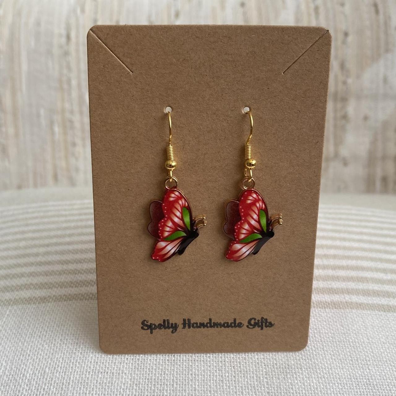 Red And Green Butterfly Enamel Dangle Earrings With - Image 4