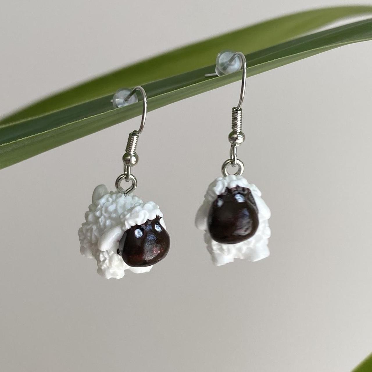 White Lamb Sheep Dangle Earrings With Silver - Image 5