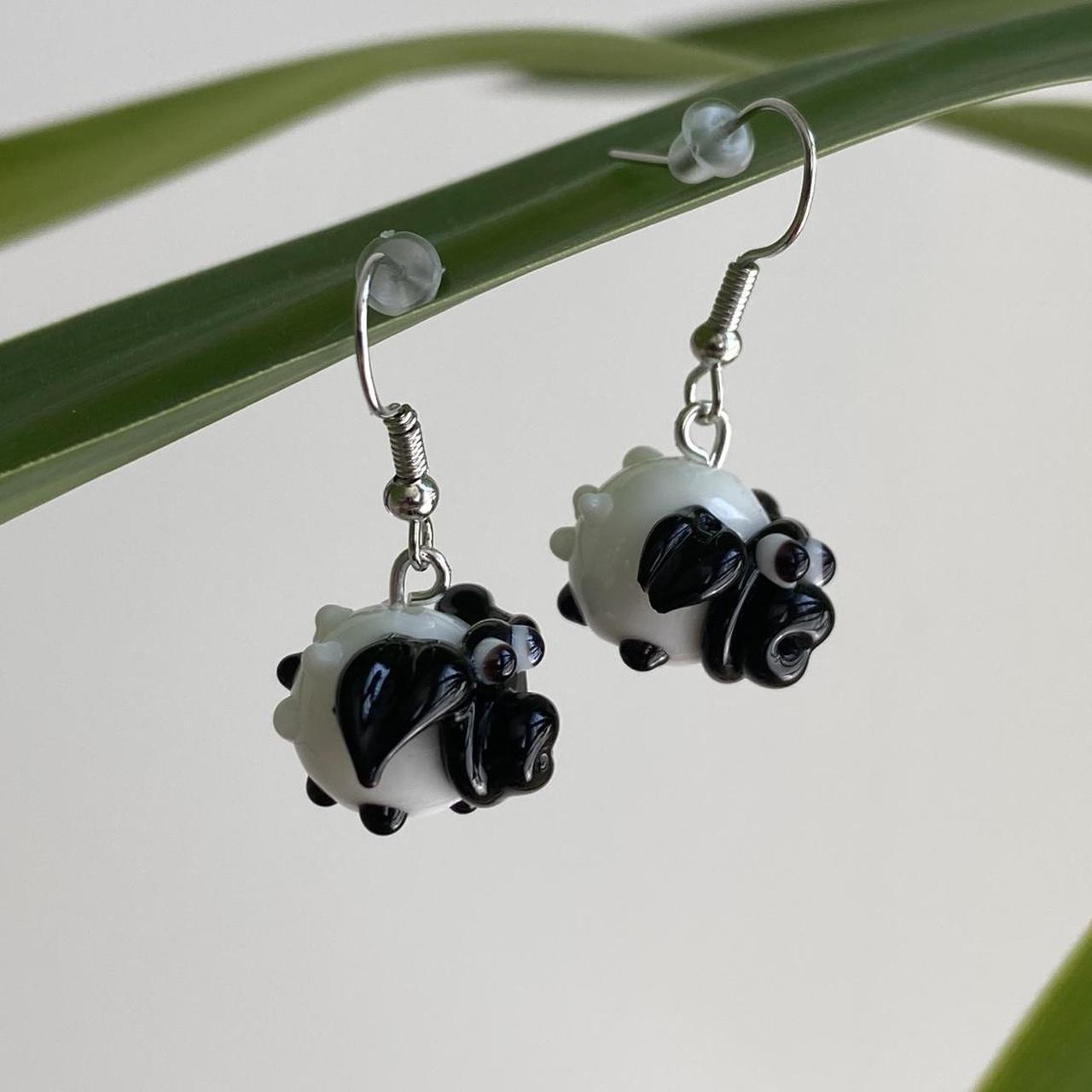 White Sheep Lamb Glass Dangle Earrings With Silver