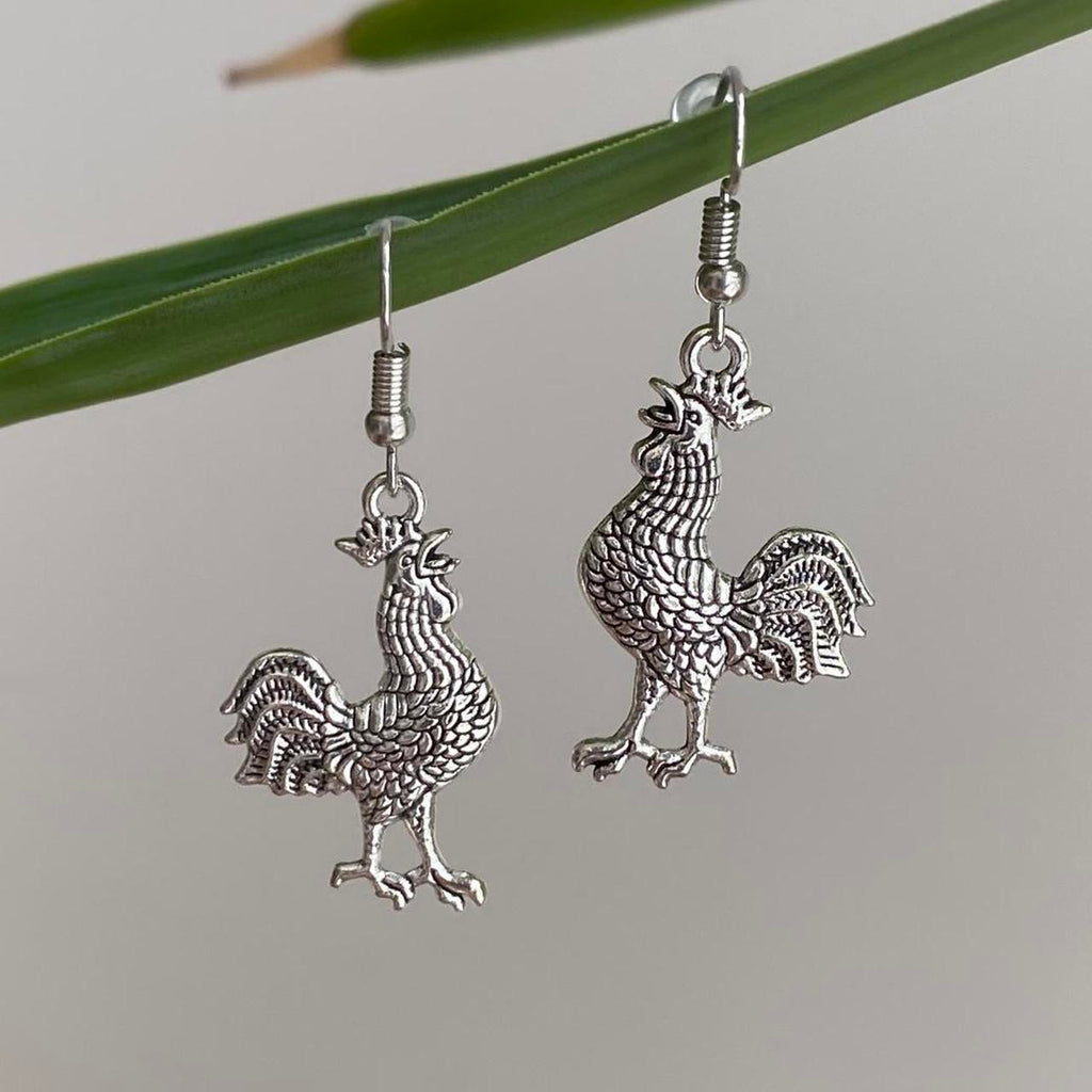 Silver Rooster Dangle Earrings Hand Made Pendant