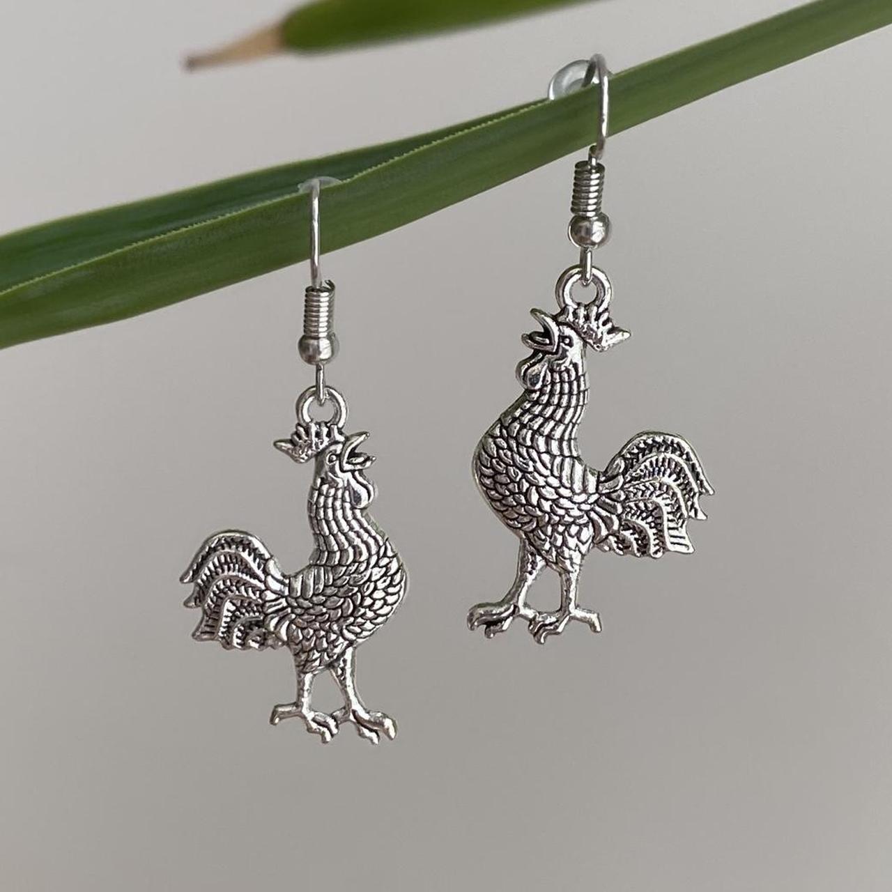 Silver Rooster Dangle Earrings Hand Made Pendant