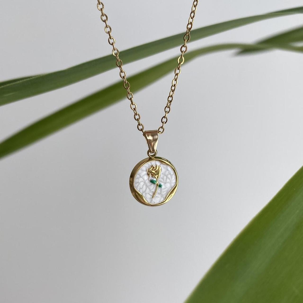 White Enamel Rose In Circle Pendant Chain Necklace - Image 2