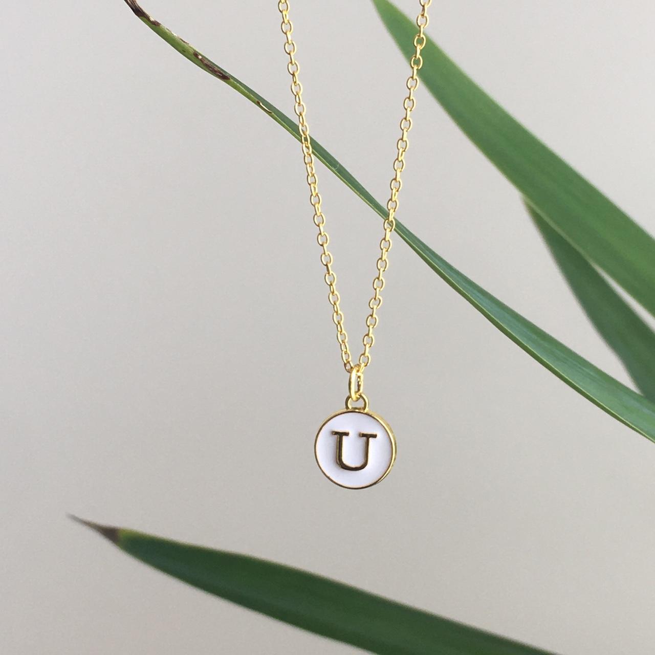 Letter U Initial White Enamel Pendant Chain Necklace