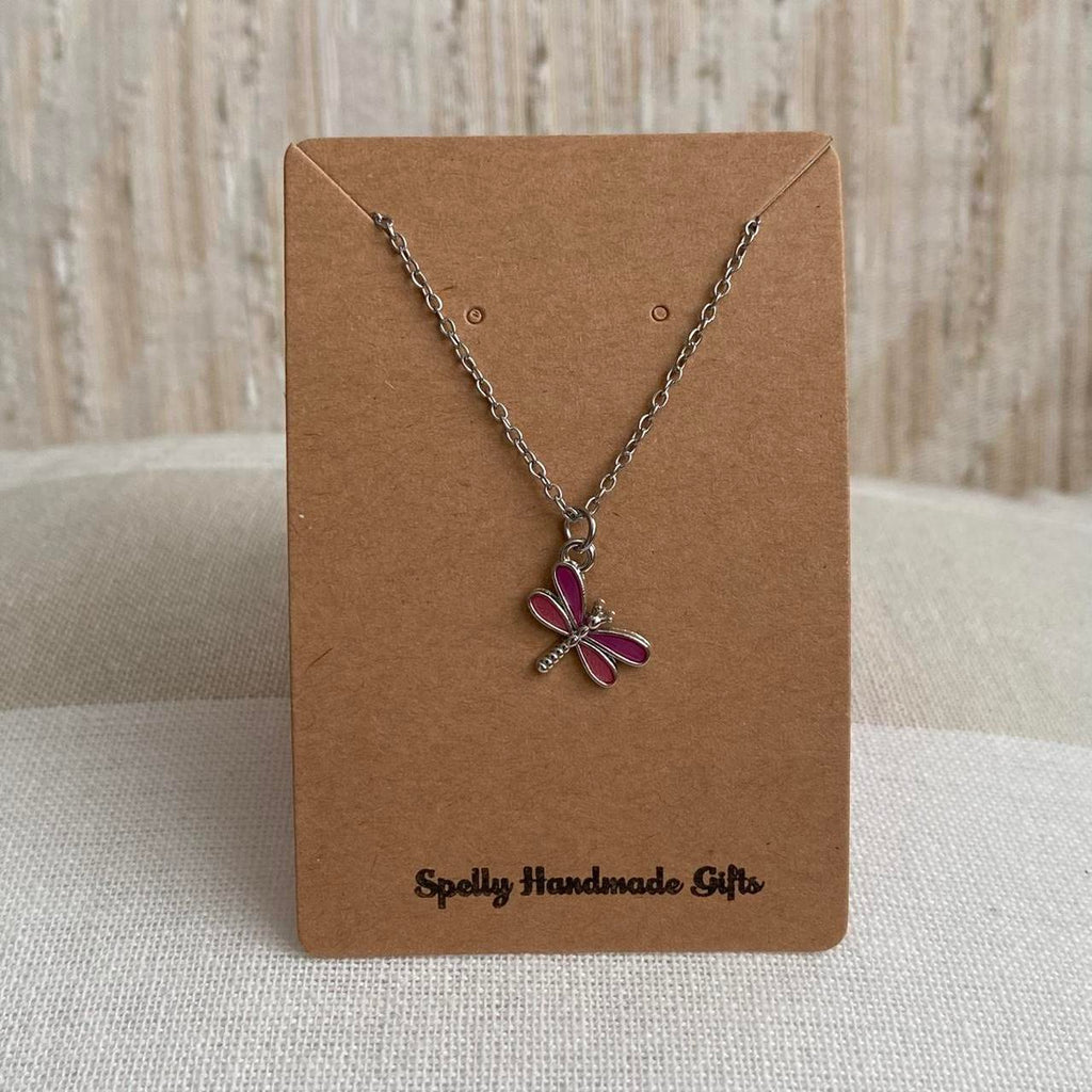 Pink Enamel Dragonfly Pendant Chain Necklace With - Image 3