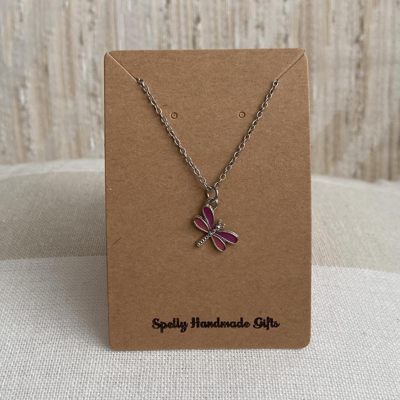 Pink Enamel Dragonfly Pendant Chain Necklace With - Image 3
