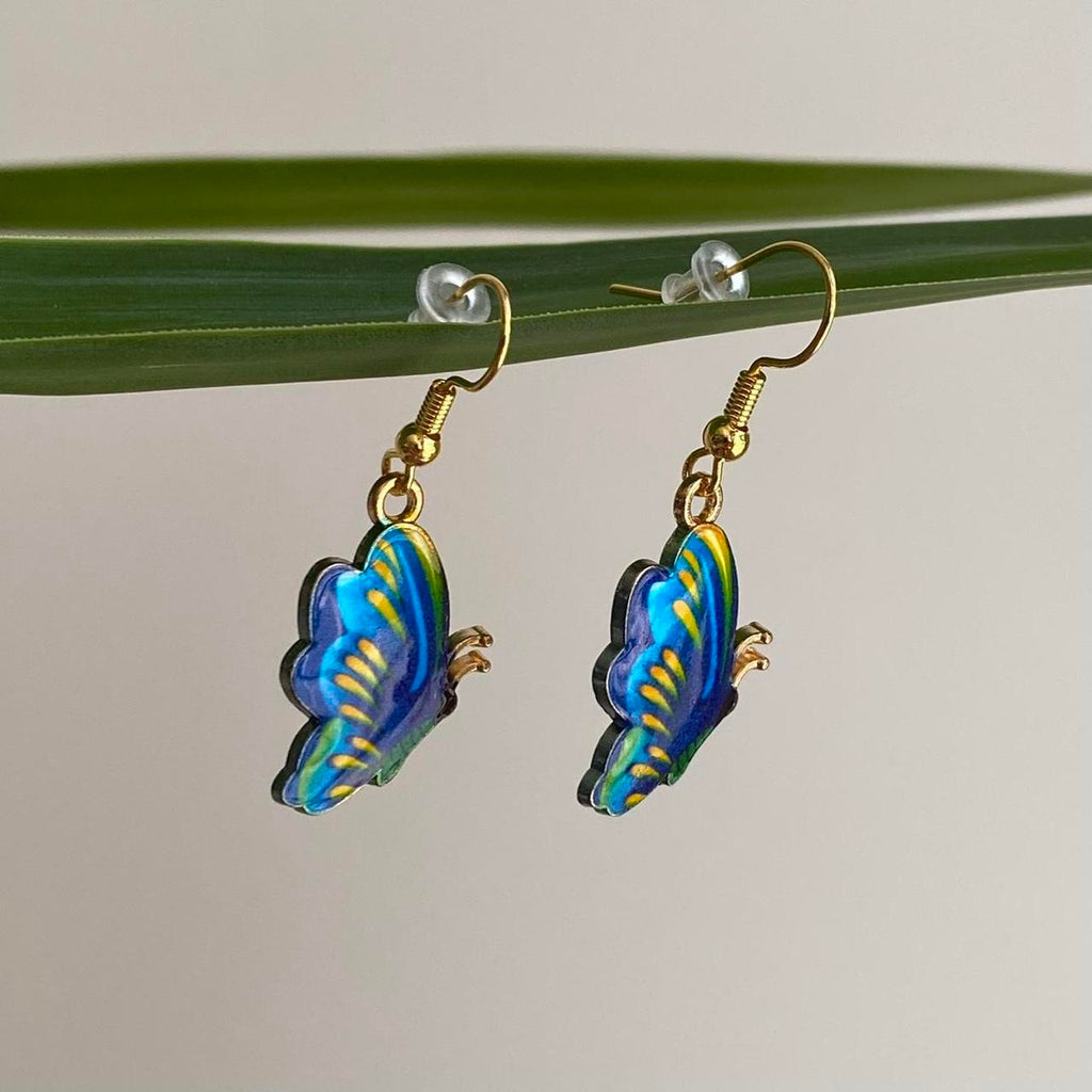Blue Yellow Green Butterfly Enamel Dangle Earrings - Image 4