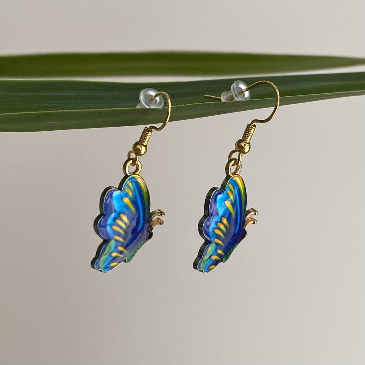 Blue Yellow Green Butterfly Enamel Dangle Earrings - Image 4